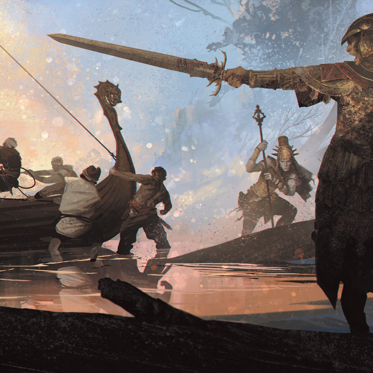 People pulling a boat onto the land directed by a soldier